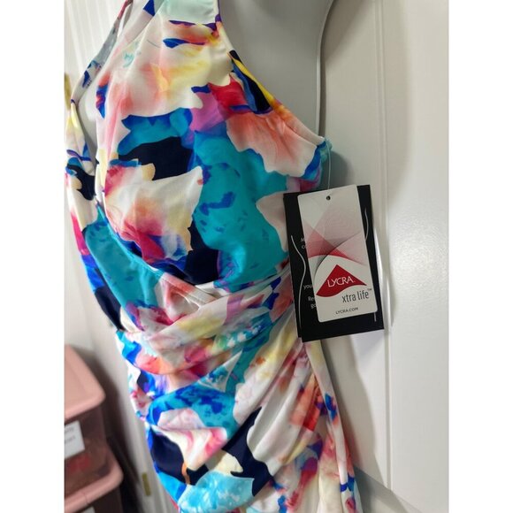 Maxine Shirred‎ Surplice One Piece Swimsuit Illusion Blossoms, Size 16 - Picture 6 of 14